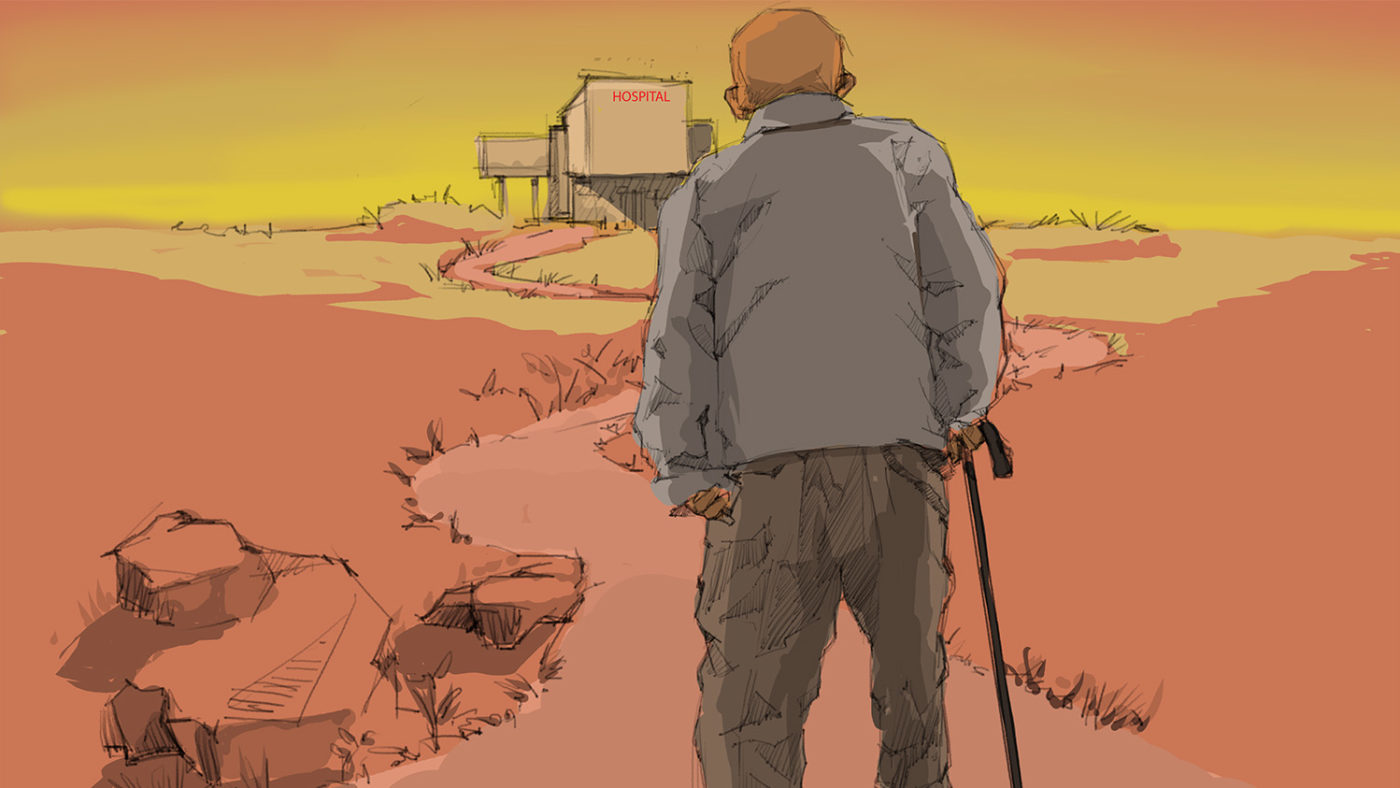 En illustrasjon av en gammel mann med stokk som forsøker å nå et sykehus i enden av en lang vei.