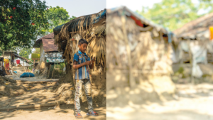 A half blurred image. The left hand side shows a young boy stood outside a building. The right hand side shows a blurred image of two houses in sunlight.