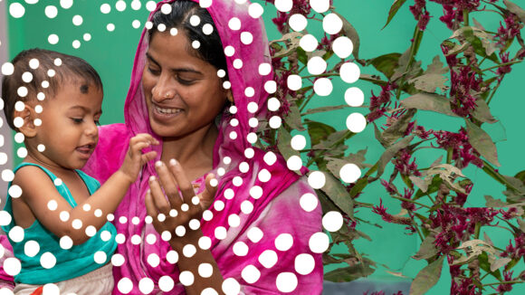 Shamima og hennes barn Toha i Bangladesh. En ring av små prikker er tegnet rundt ansiktene deres som en illustrasjon.